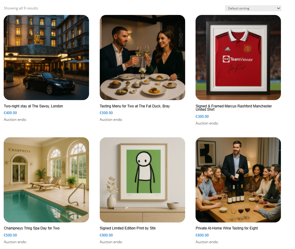 A silent auction shop built with free software, showing lots including a Savoy stay, a signed shirt and a spa day with live bidding A silent auction shop built with free software, showing lots including a Savoy stay, a signed shirt and a spa day with live bidding