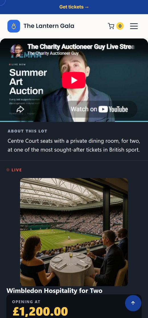 A guest watching a virtual charity auction on their phone, with the stream above and the current lot, price and bidding controls underneath A guest watching a virtual charity auction on their phone, with the stream above and the current lot, price and bidding controls underneath