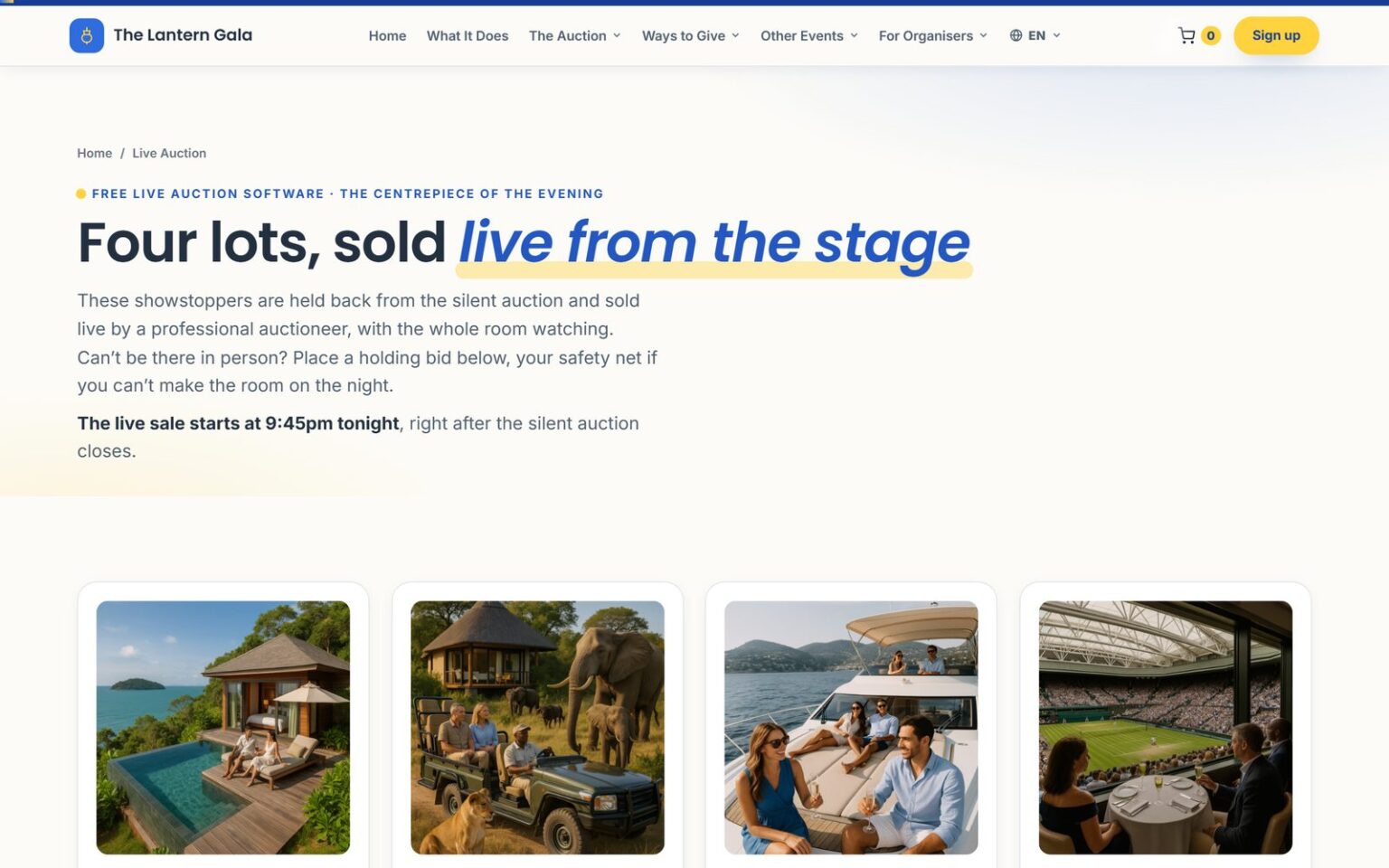 The live auction page listing four headline lots to be sold from the stage, with holding bids open The live auction page listing four headline lots to be sold from the stage, with holding bids open