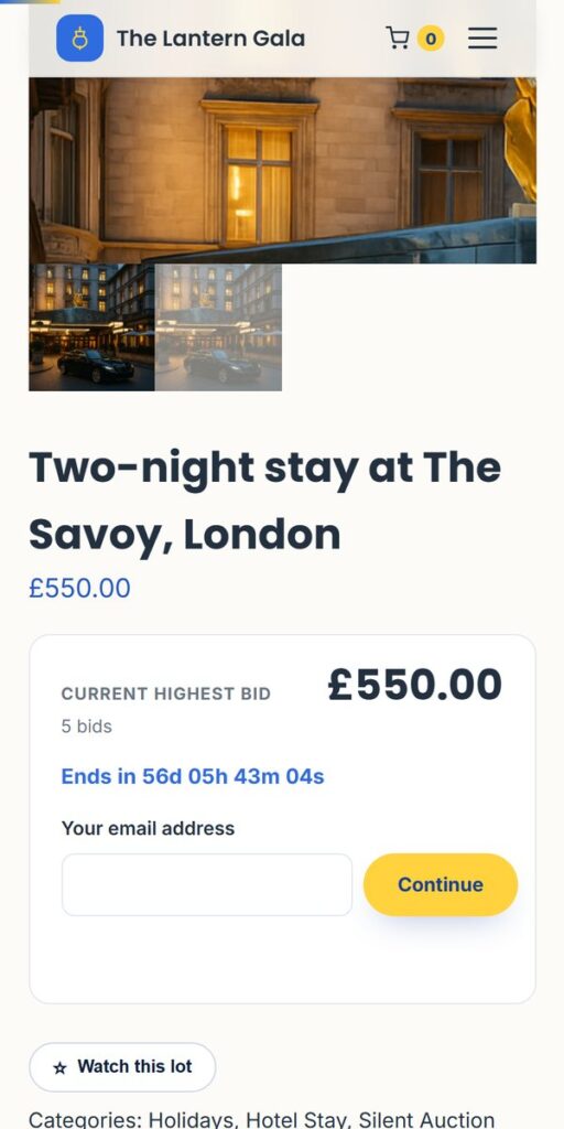 A silent auction lot on a guest's phone showing the current highest bid, the countdown and the bid box A silent auction lot on a guest's phone showing the current highest bid, the countdown and the bid box