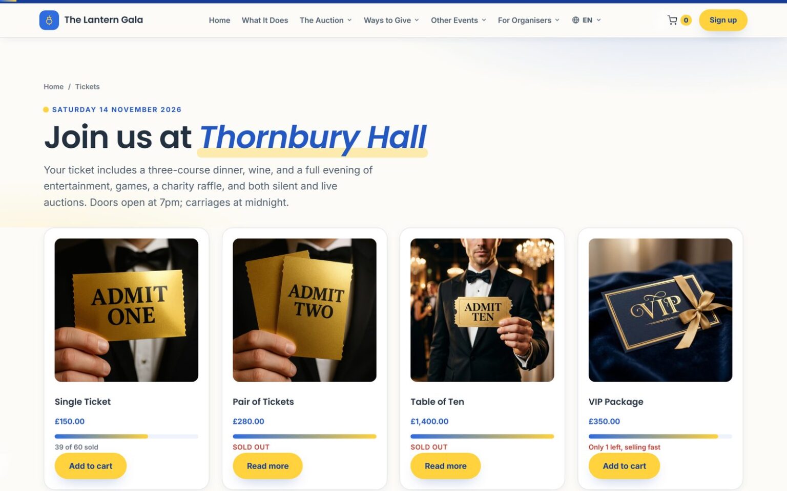 The ticketing page selling single tickets, pairs, tables of ten and a VIP package, each with a live counter of how many are left The ticketing page selling single tickets, pairs, tables of ten and a VIP package, each with a live counter of how many are left